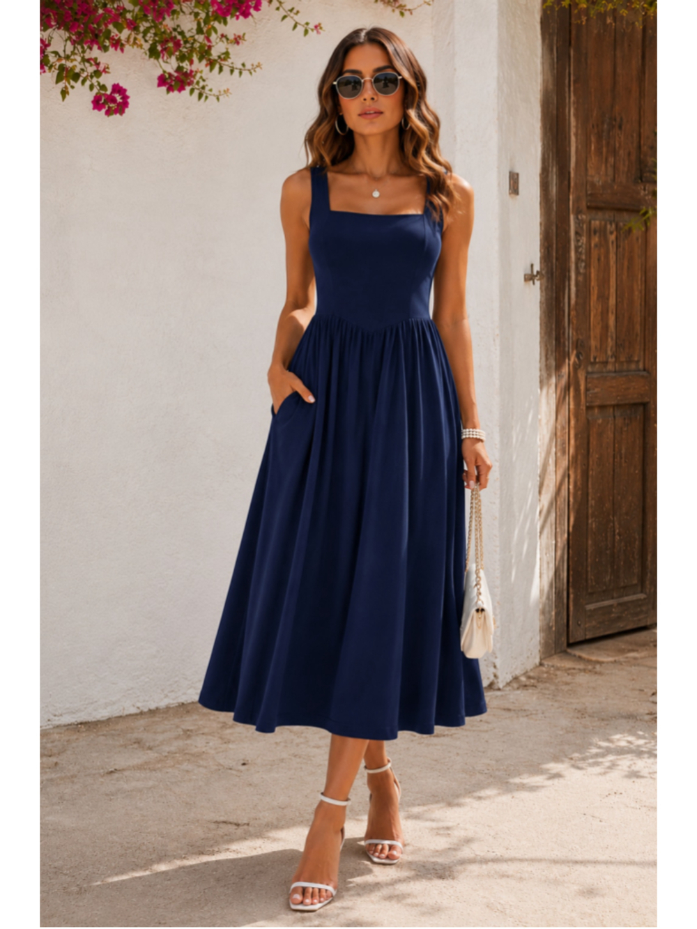 The Amalfi Midi Dress | Navy Square Neck A-Line Dress with Pockets | M L XL